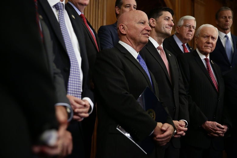 WASHINGTON, DC - SEPTEMBER 27: (L-R) U.S. Rep. Kevin Brady (R-TX), Speaker of the House Rep. Paul Ryan (R-WI), Sen. Orrin Hatch (R-UT), Sen. Michael Enzi (R-WY) and Sen. John Thune (R-SD) listen
during a press event on tax reform September 27, 2017 at the Capitol in Washington, DC. On Wednesday, Republican leaders proposed cutting tax rates for the middle class, wealthy and businesses. Key questions remain on how they plan to offset the trillions of dollars in lost tax revenue.Ê (Photo by Alex Wong/Getty Images)
